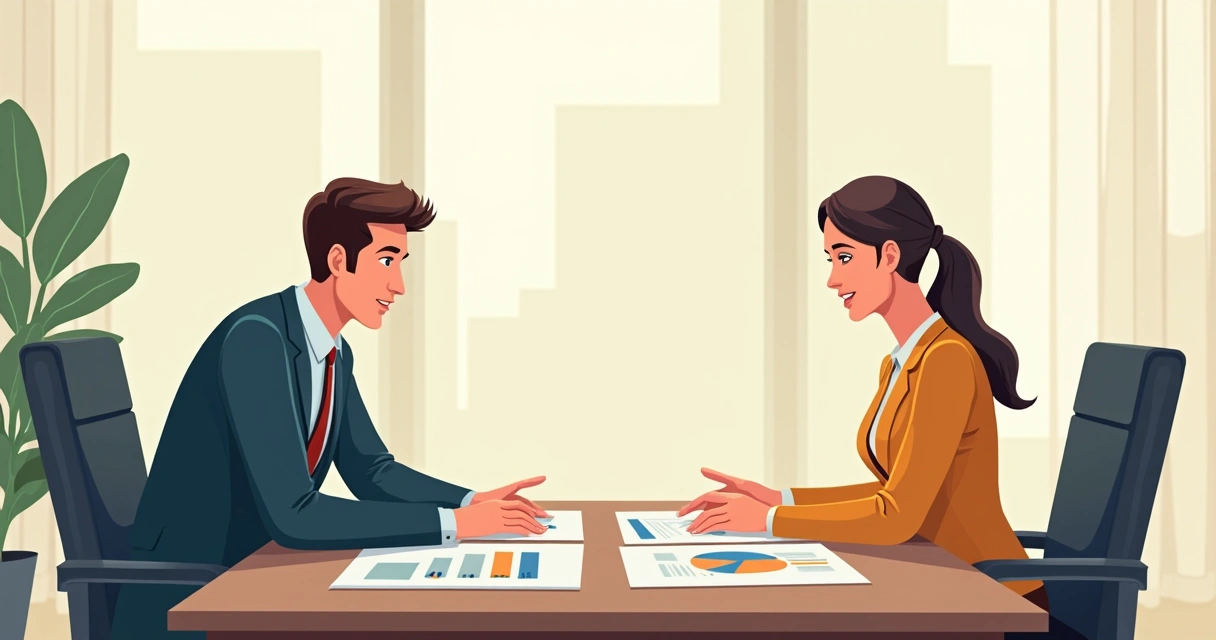 Gestor e colaborador conversando de forma respeitosa em mesa, com documentos e gráficos.