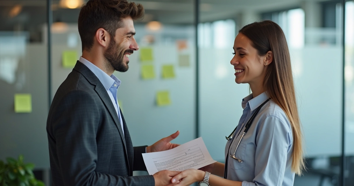 Pessoa entregando formulário de feedback técnico para colega com expressões de cordialidade 