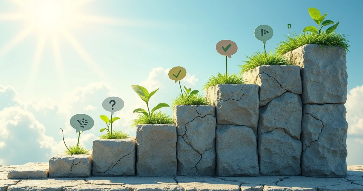 Steps leading upward with feedback icons and plant growth. 