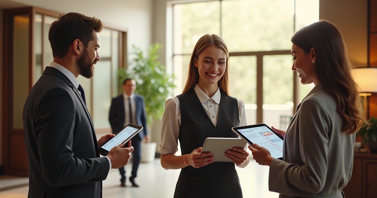 Equipe de hotel recebendo feedback de hóspedes após a estadia 