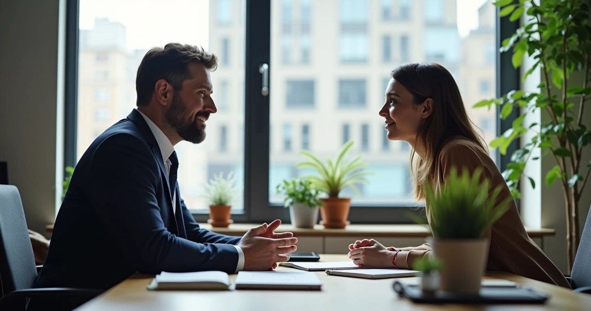 Gerente conversando de forma atenciosa com colaborador 