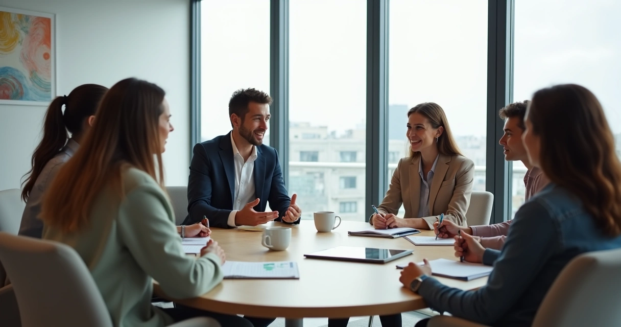 Líder e equipe em reunião de feedback em círculo em escritório moderno 