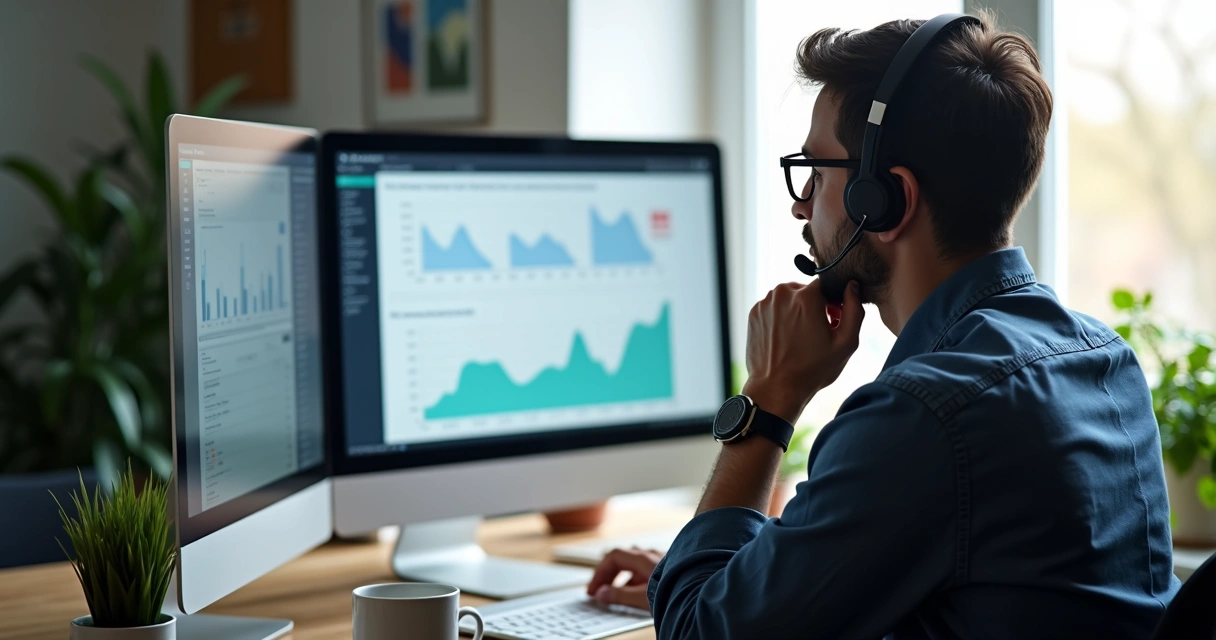 Profissional de atendimento avaliando feedbacks de clientes reais, computador aberto mostrando gráficos e mensagens de feedback