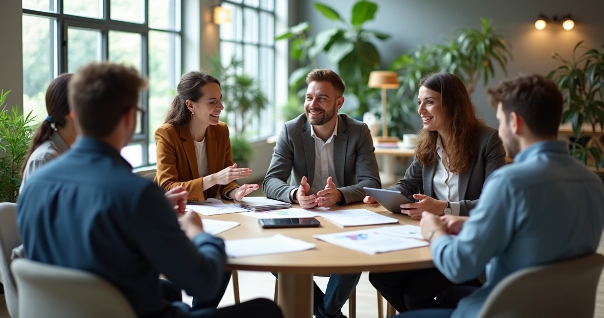 Equipe de trabalho reunida em sala, conversando em círculo em clima de colaboração 