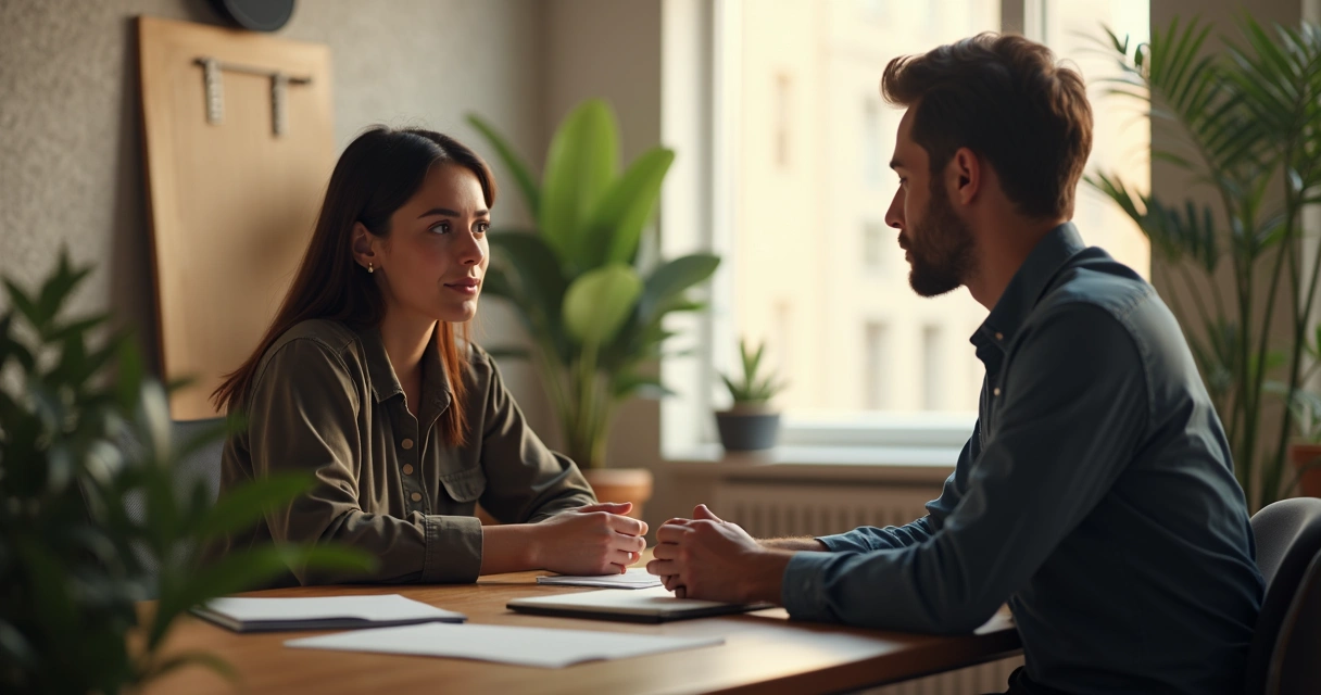 Leader receiving feedback from team member in office 