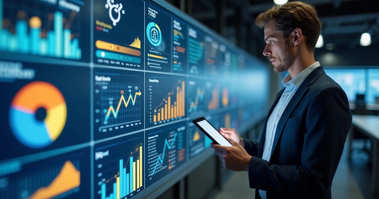 Gestor analisando indicadores de desempenho em um tablet, gráficos coloridos aparecem na tela 