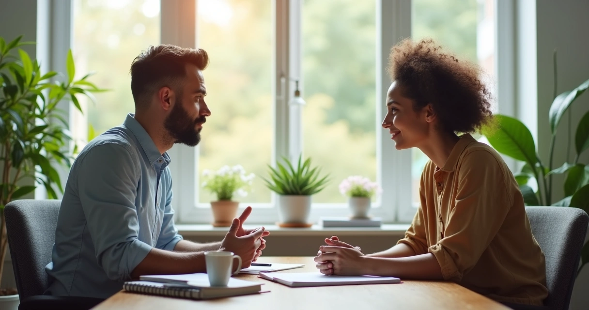 Líder dando feedback próximo a colaborador em ambiente de trabalho tranquilo 
