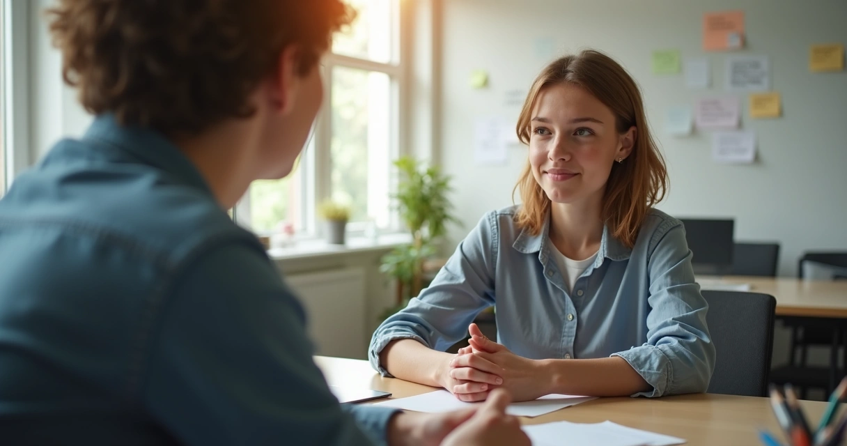Pessoa recebendo feedback positivo, olhando com serenidade