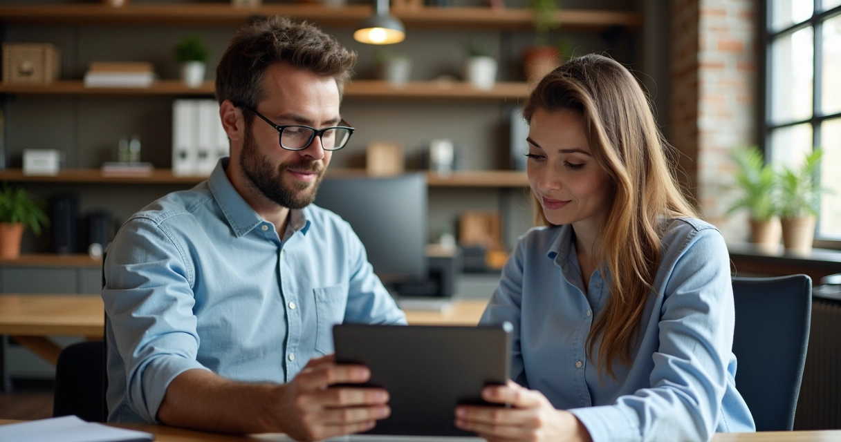 Gestor conversando de perto com vendedor, ambos olhando tela de CRM em tablet, ambiente descontraído, atenção e escuta ativa 