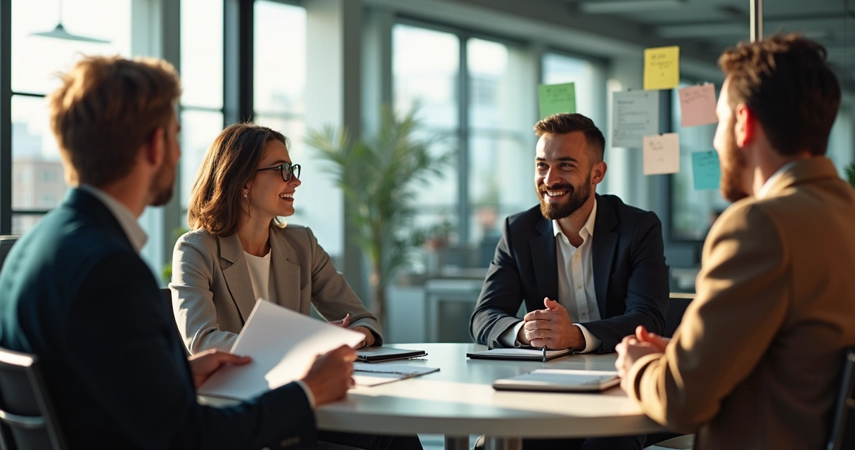 Equipo dando retroalimentación en círculo dentro de oficina