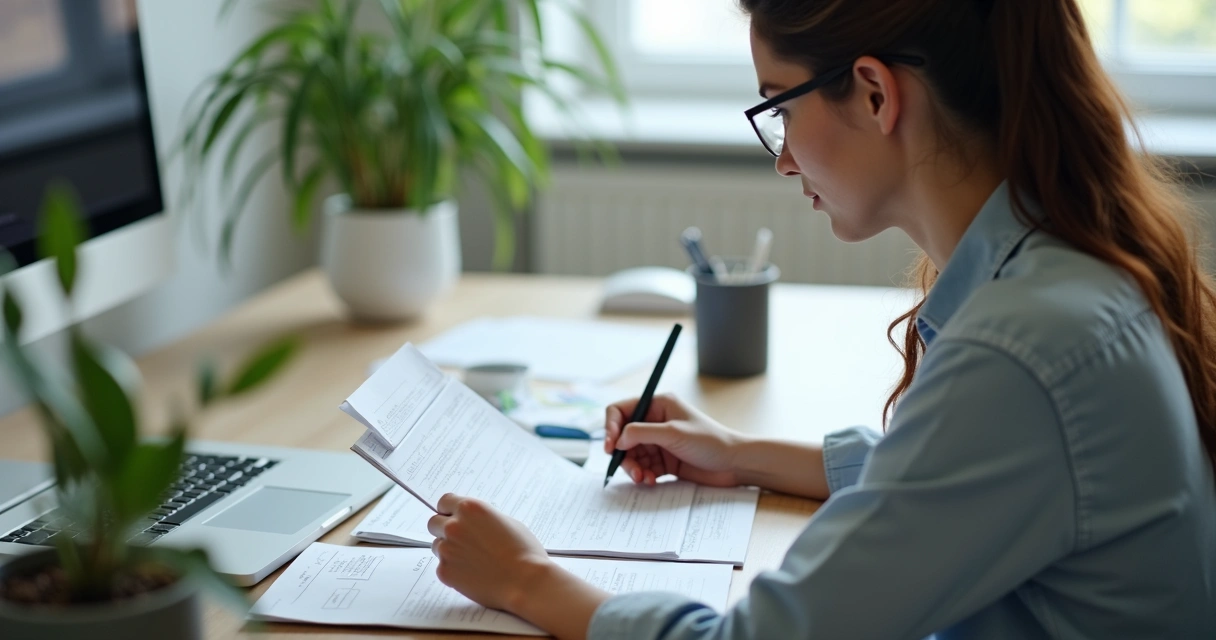 A colleague reflecting on feedback at a desk 