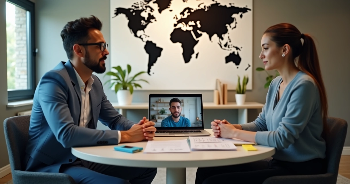 Dois profissionais em conversa de feedback com mapa e videochamada ao fundo