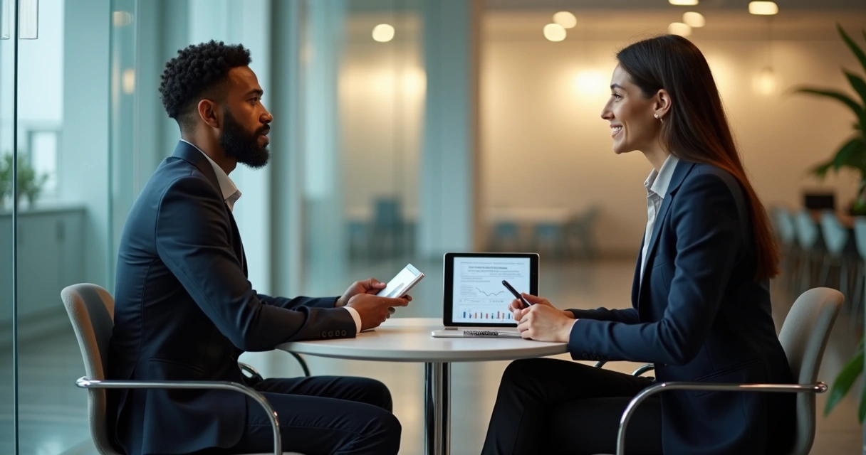 Conversa de feedback entre líderes com apoio visual em ambiente profissional