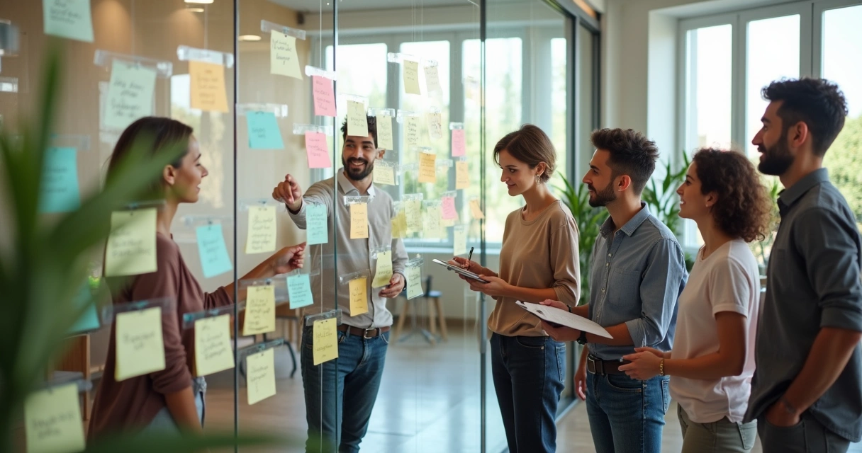 Equipes diversas colando cartões de feedback coloridos em mural colaborativo 