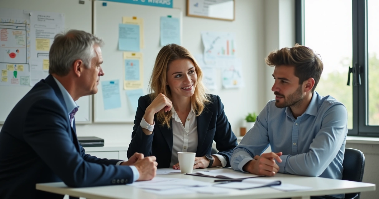 Gestor oferecendo feedback a colaborador jovem enquanto outro colaborador mais velho observa