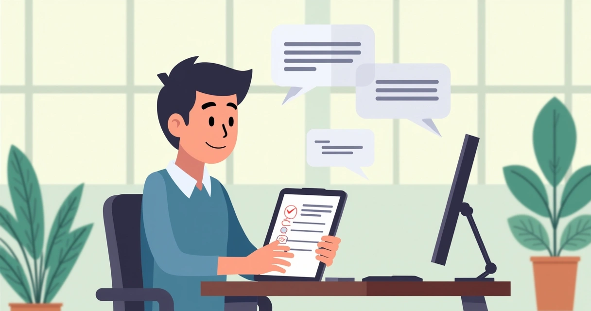 Pessoa preenchendo opinião em pesquisa digital em tablet, contexto empresarial. 