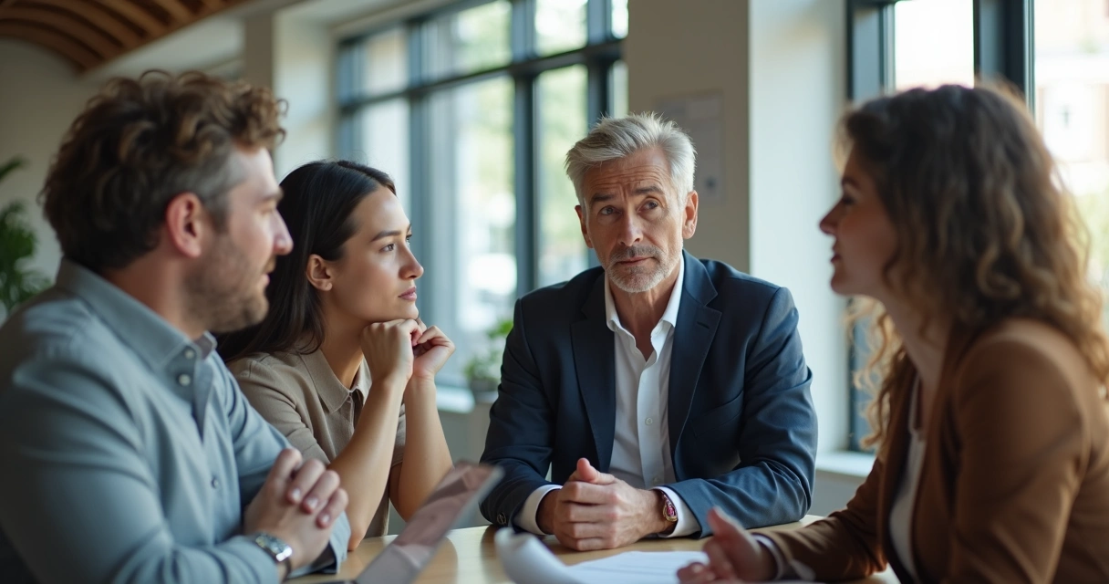 Líder conversando com equipe em ambiente corporativo