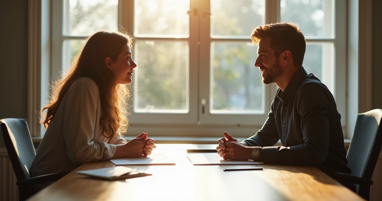 Colegas de trabalho sentados em mesa, conversando de forma aberta e respeitosa, folhas de avaliação sobre a mesa 