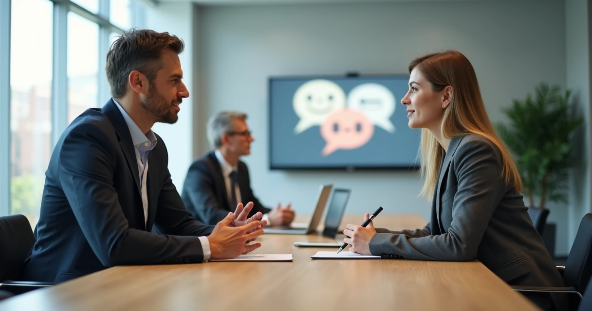 Gestor dando feedback para funcionária em reunião de equipe 
