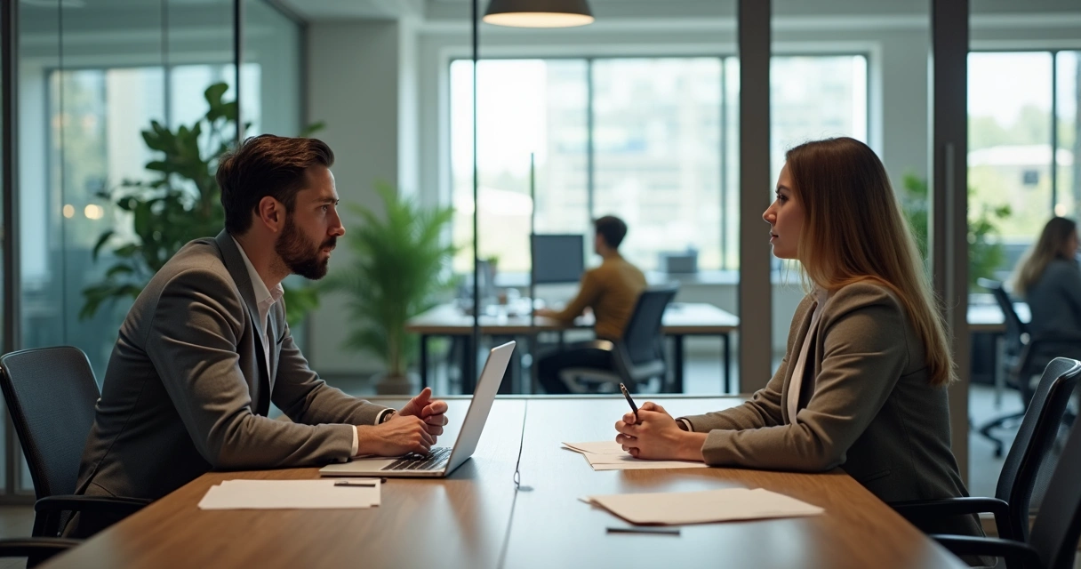 Líder conversando individualmente com colaborador em escritório moderno 