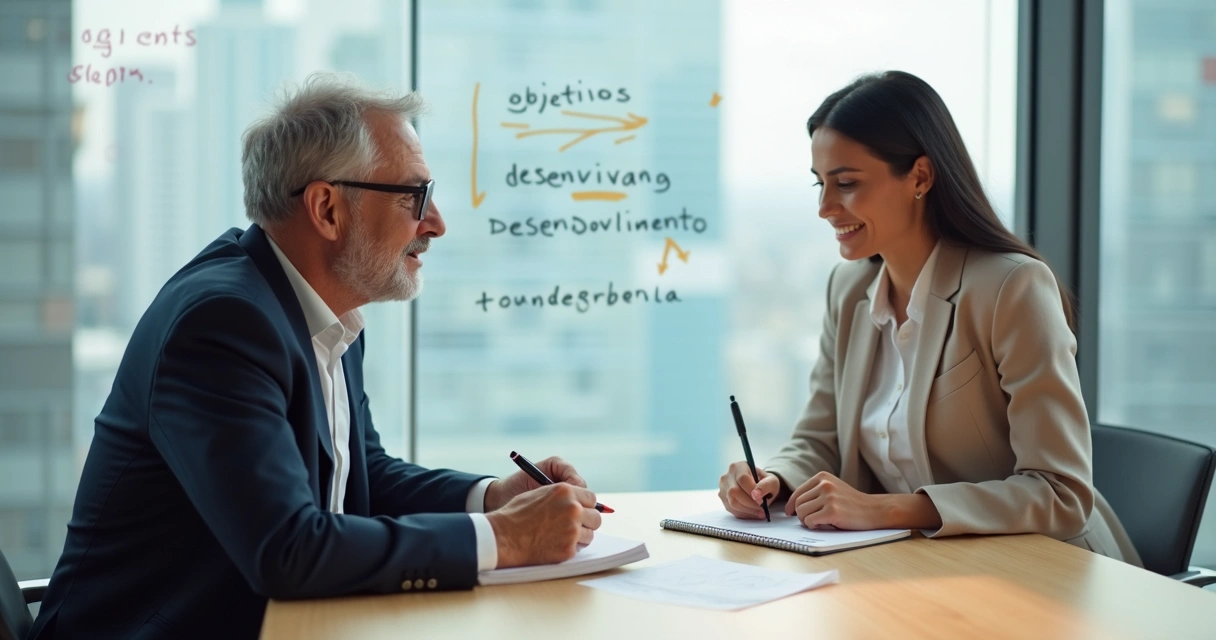 Gestor dando feedback construtivo a líder iniciante em sala de reunião moderna 