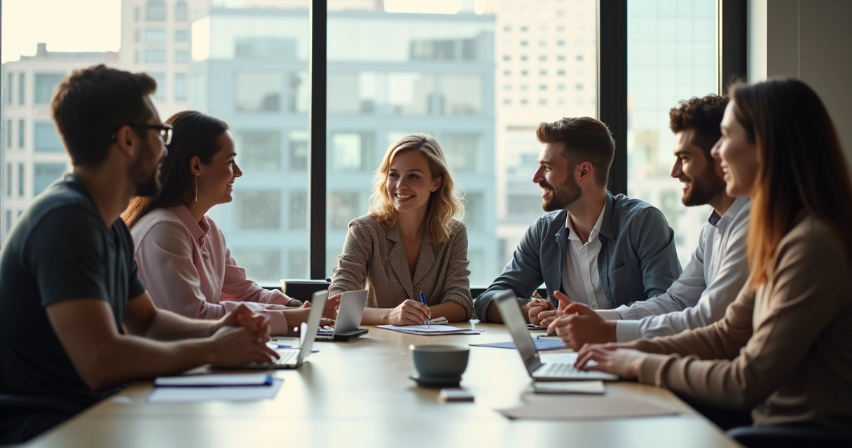 Equipe de trabalho trocando feedback ao redor de mesa