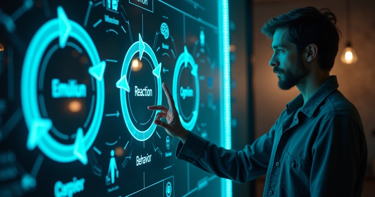 Person observing behavioral feedback loop diagrams on transparent digital screen 
