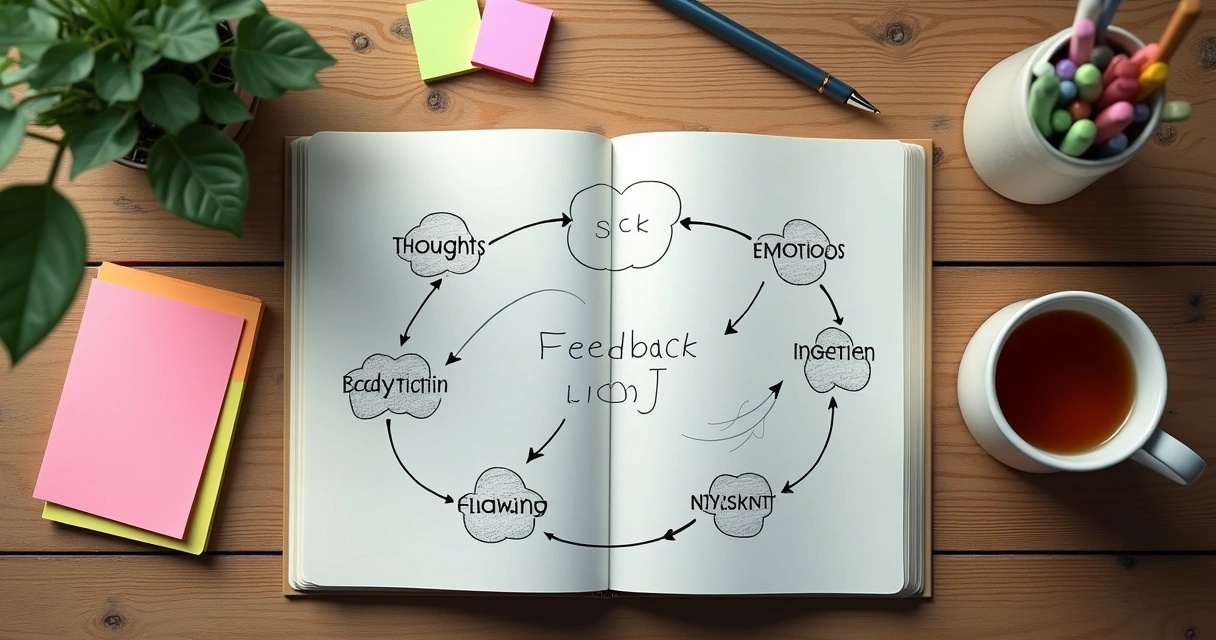 Notebook with feedback loop diagram and colored notes on a desk