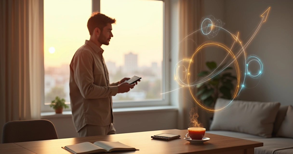 Person reflecting in front of a mirror with overlapping circular feedback loops around them 