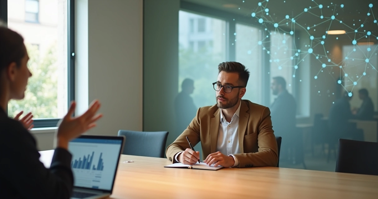 Profissional recebendo feedback em reunião com ilustrações sutis de conexões sistêmicas ao fundo 