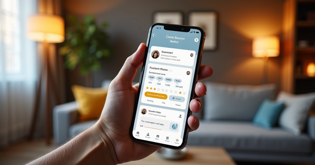 Morador avaliando atendimento digital de condomínio em celular com estrelas 