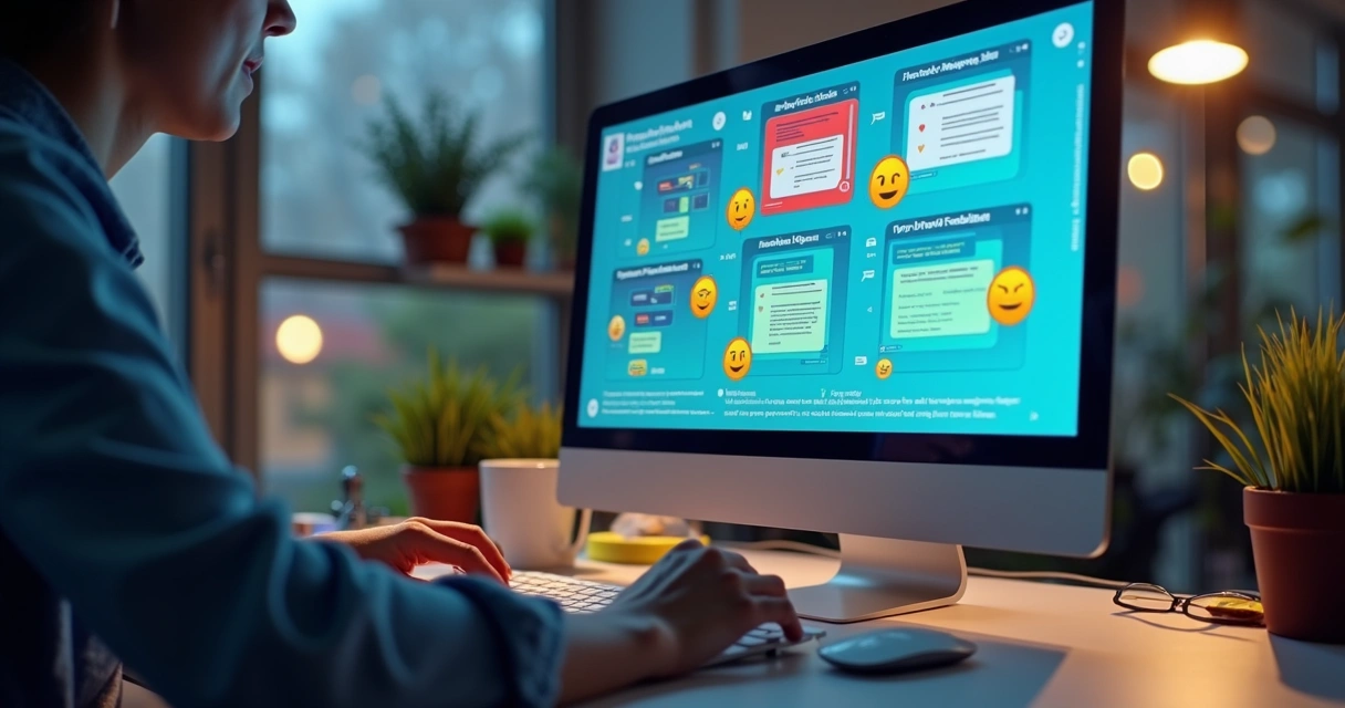 Tela de computador mostrando análise de feedback digital com gráficos coloridos