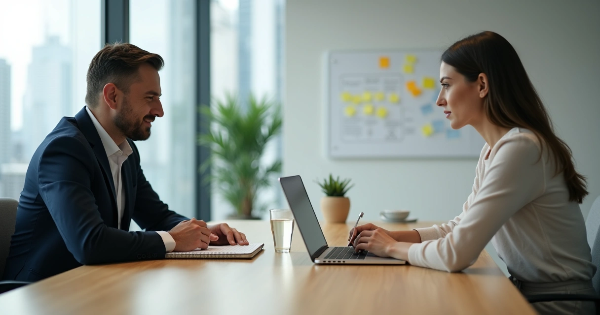 Colegas de trabalho em conversa séria trocando feedback em sala de reunião moderna 