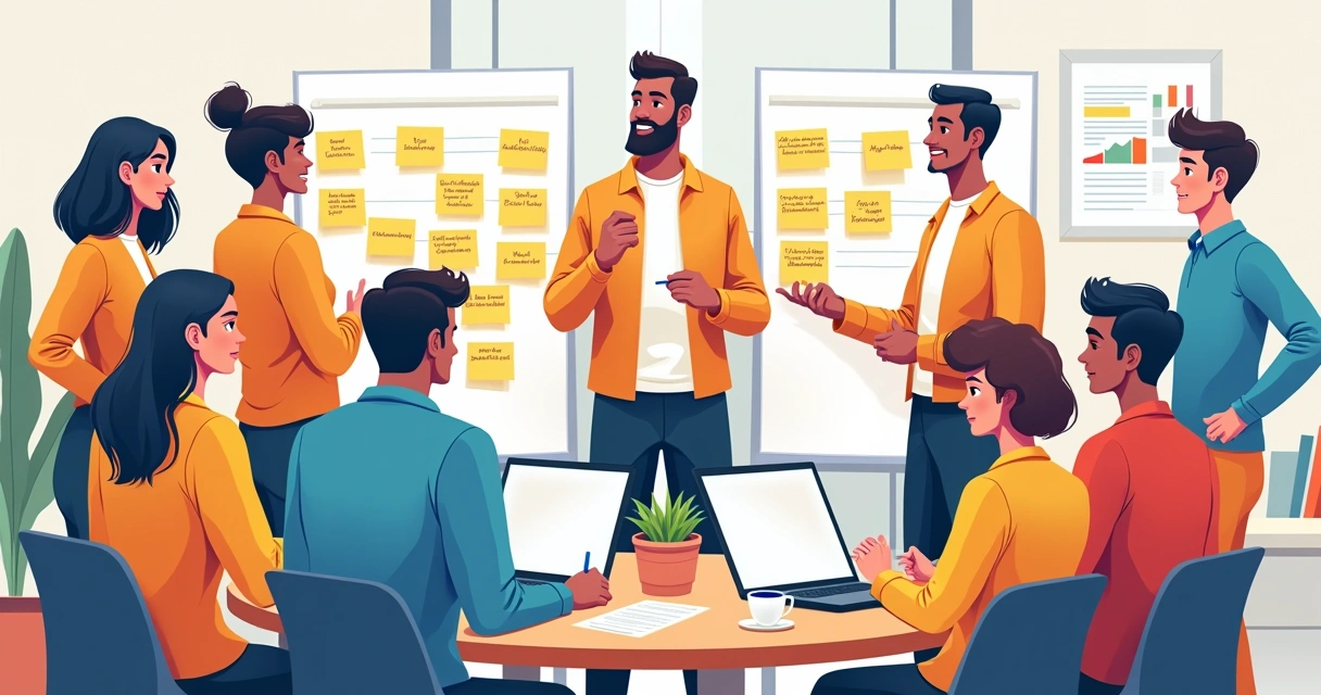 Equipe reunida analisando críticas em quadros brancos