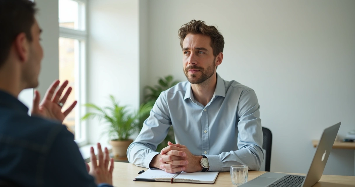 Pessoa recebendo feedback em reunião mantendo postura calma e consciente 
