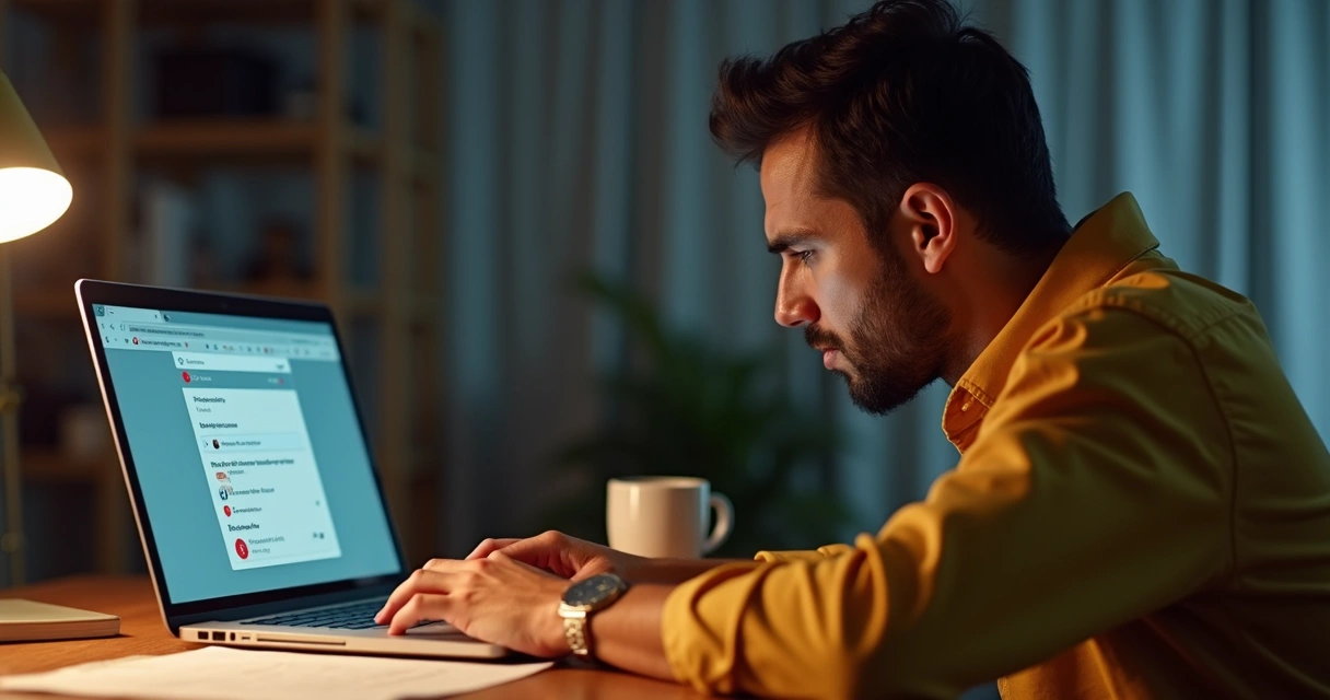 Freelancer sentado à mesa olhando um notebook com expressão preocupada