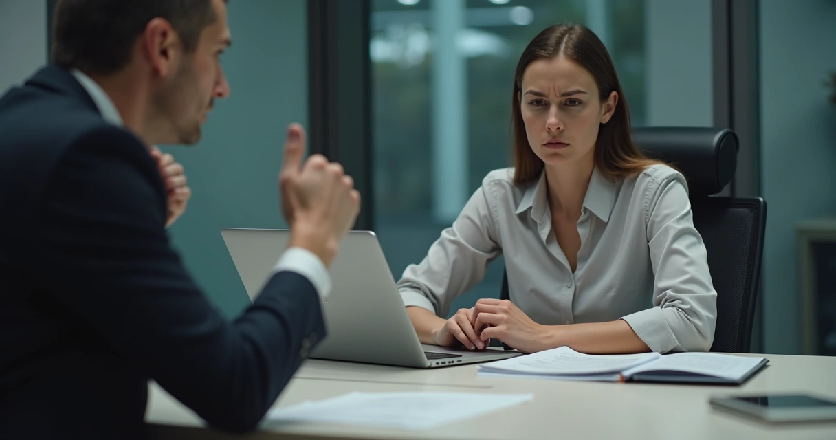 Colaborador em reunião recebendo feedback desconfortável 