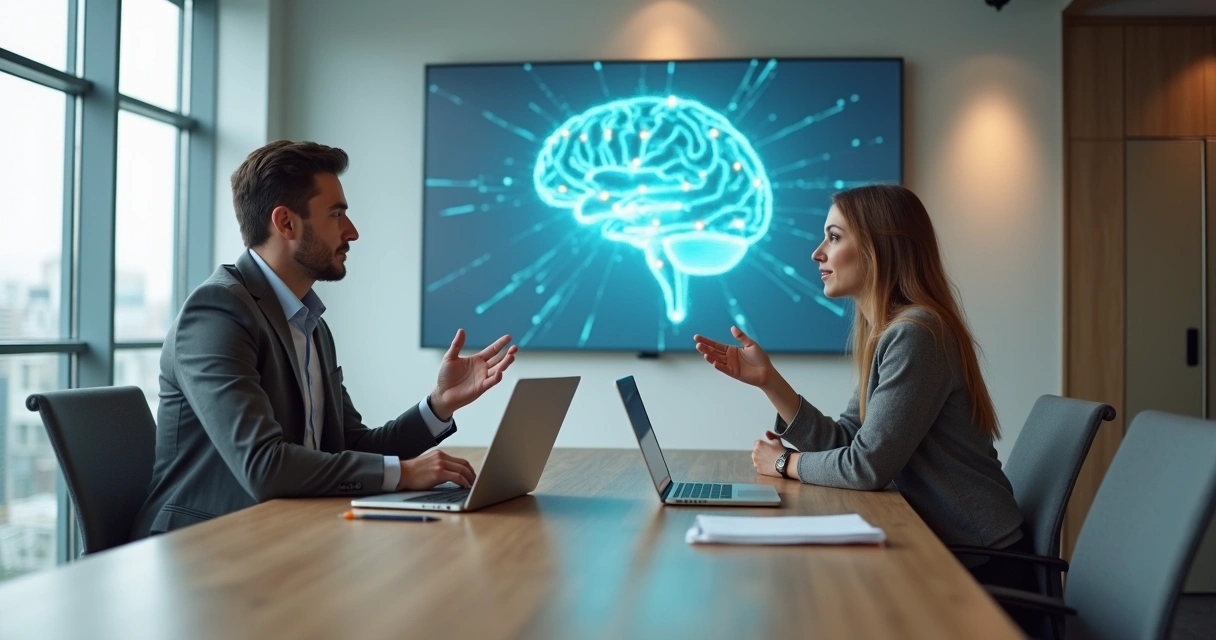 Pessoa recebendo feedback construtivo em reunião com ilustrações de cérebro e conexões ao fundo 