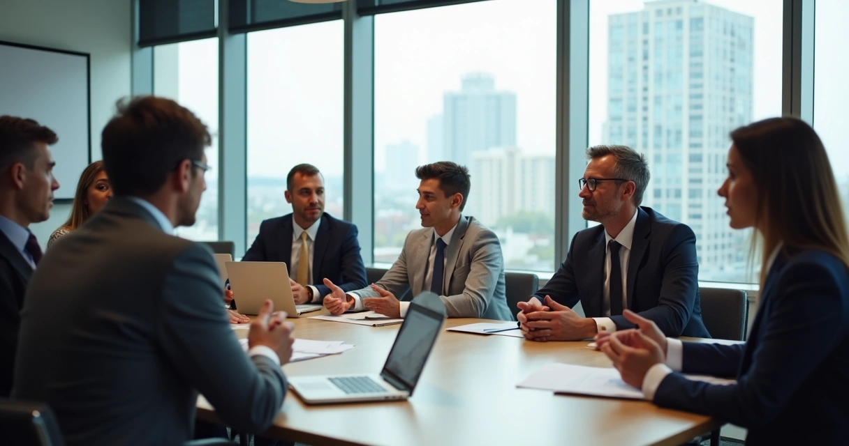 Discussão em sala de reunião com pessoas trocando feedbacks 