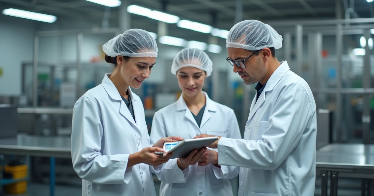 Equipe de fábrica discutindo feedbacks sobre sistema 