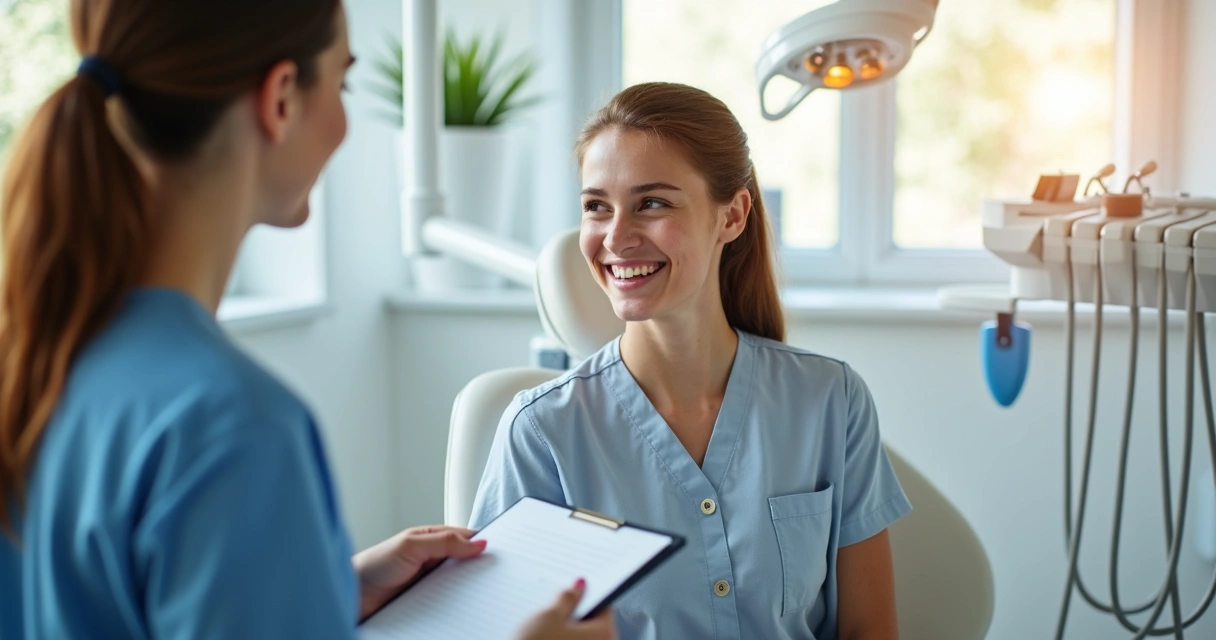 Paciente dando feedback em clínica odontológica moderna 