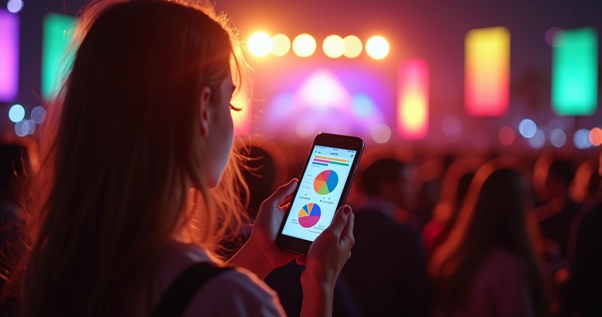 Participante olhando dados de votação no celular em evento cultural 