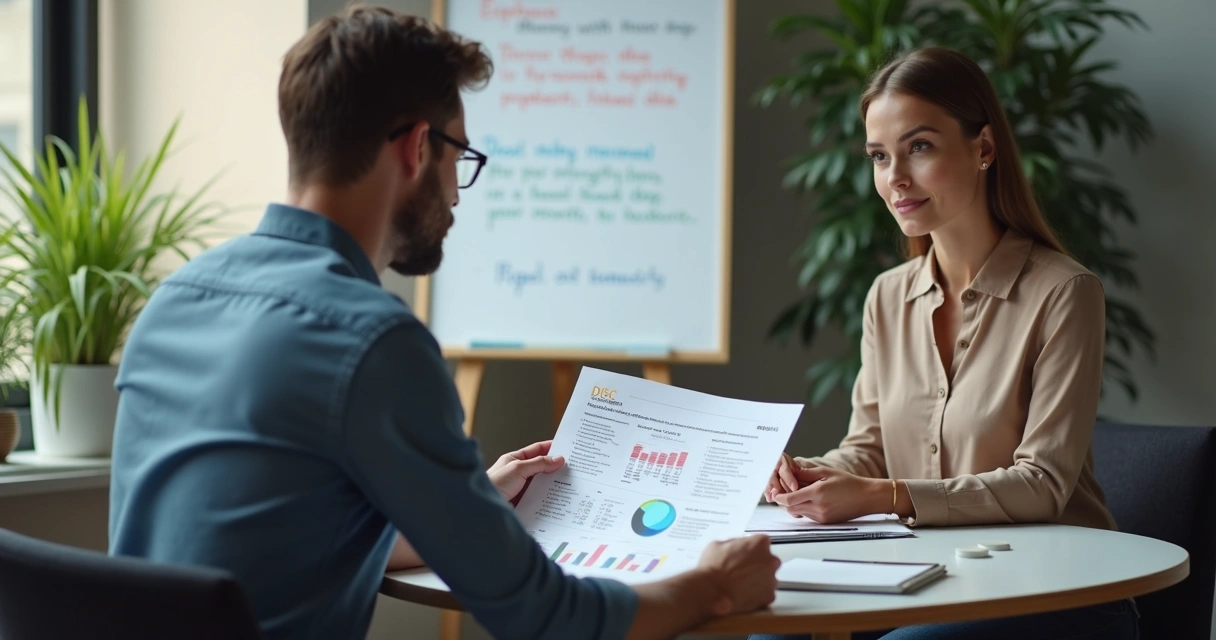 Líder aplicando feedback individual com relatório DISC em mãos 