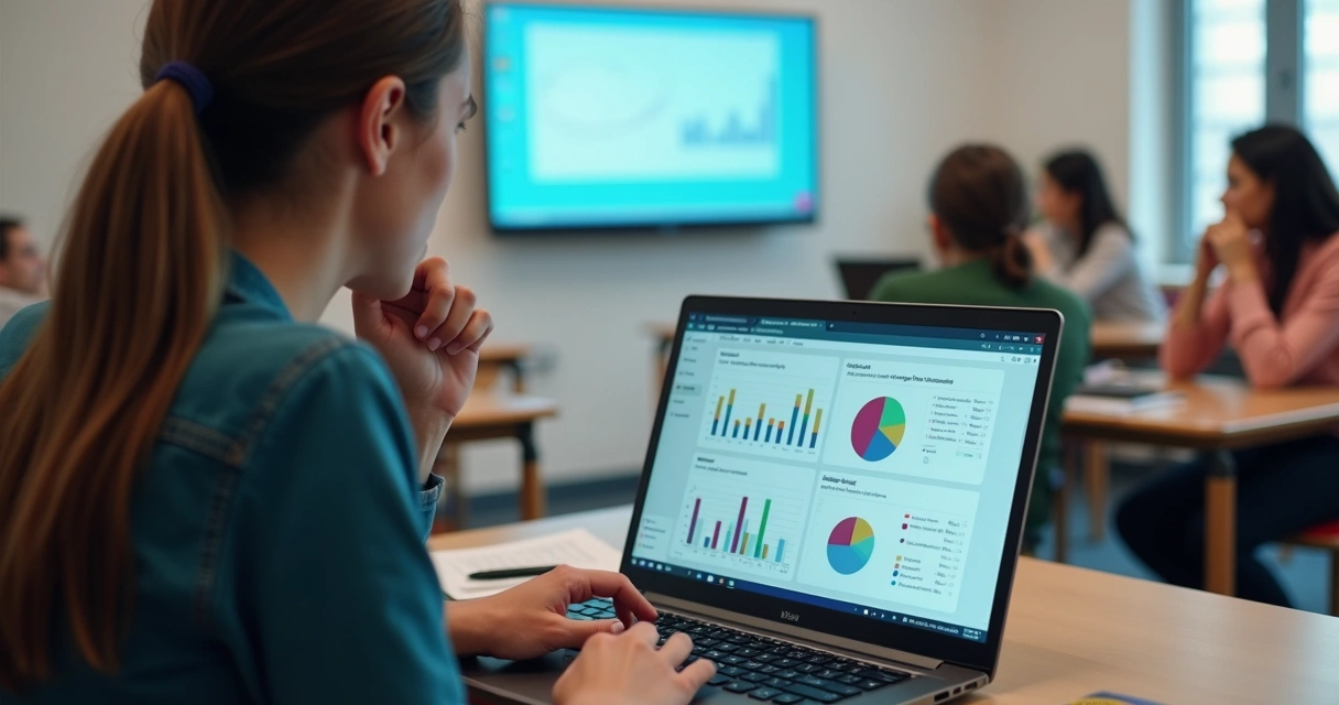 Professora lendo relatório de desempenho personalizado enviado pela IA 