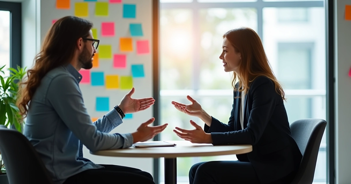 Duas pessoas conversando em uma sala de reunião pequena com post-its na parede