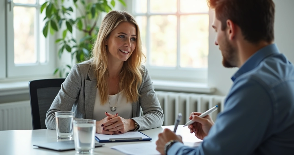 Duas pessoas de negócios conversando em reunião formal 