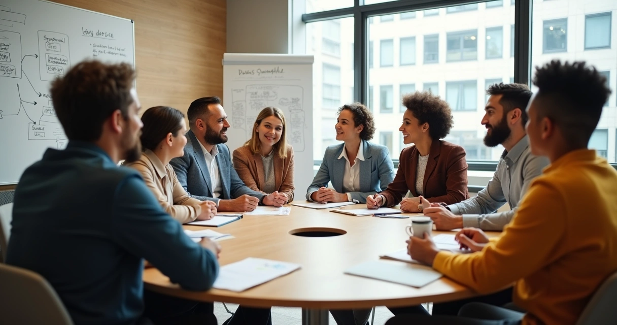 Equipe discutindo feedback em mesa redonda 