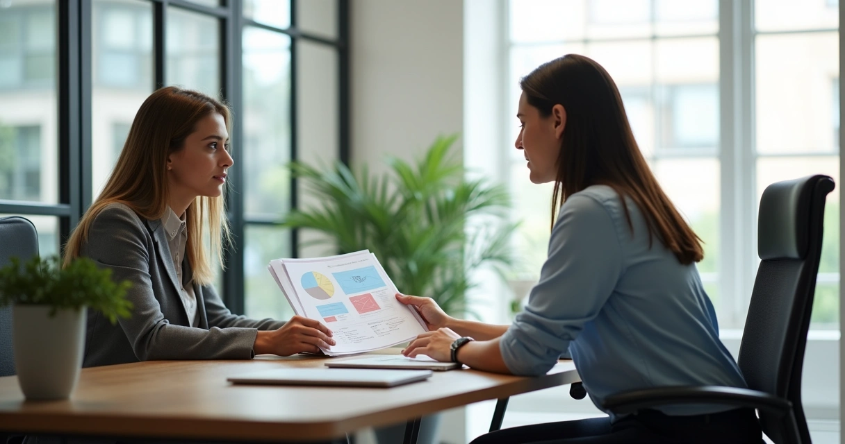 Profissional recebe feedback individual em ambiente de escritório moderno