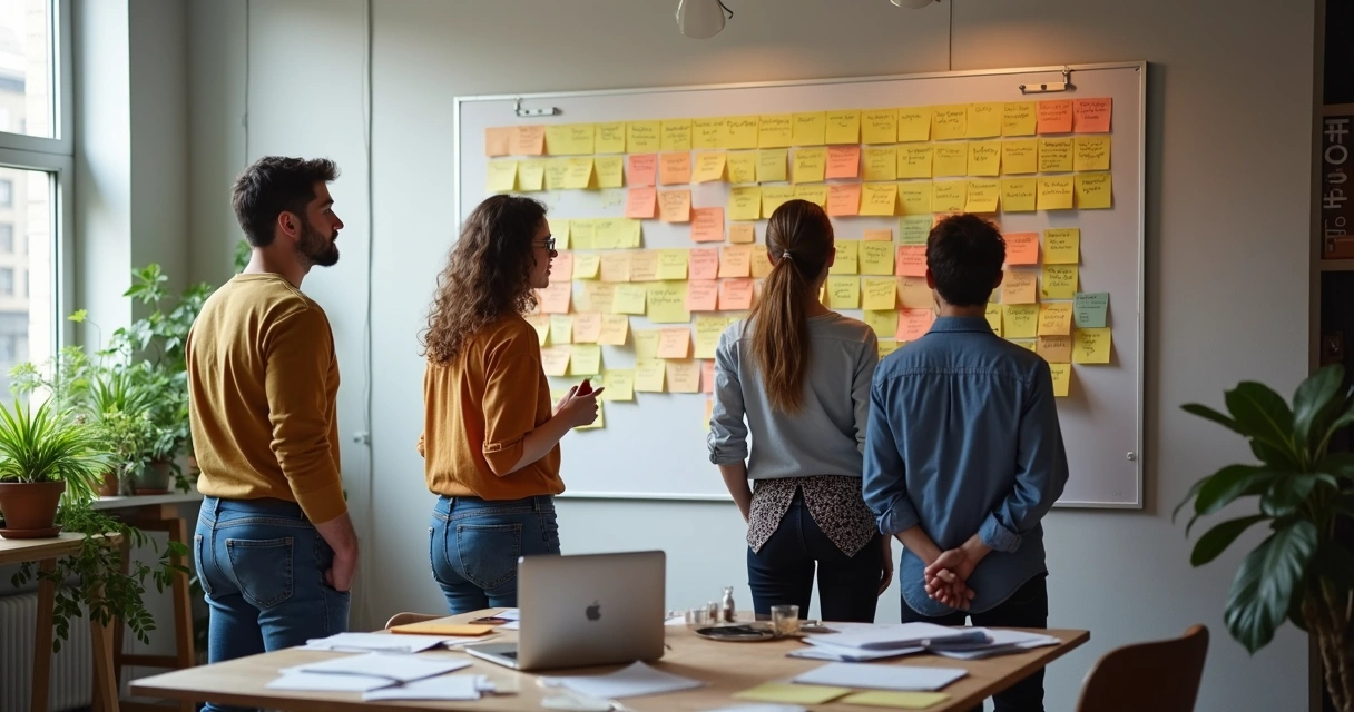 Equipe analisando feedbacks de clientes em mural de post-its 