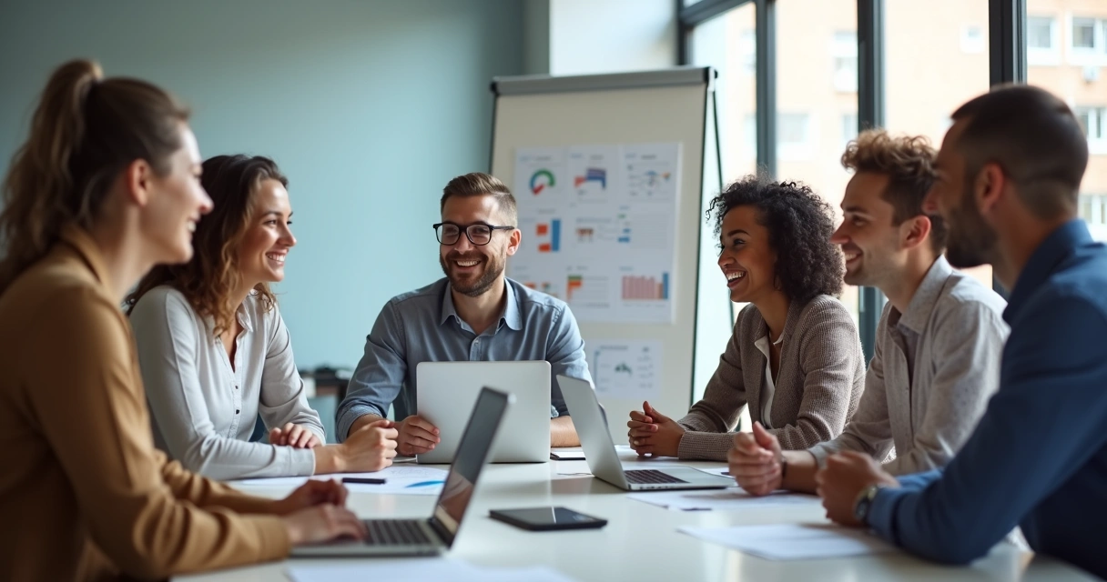 Líder oferece feedback positivo a equipe diversa durante reunião 